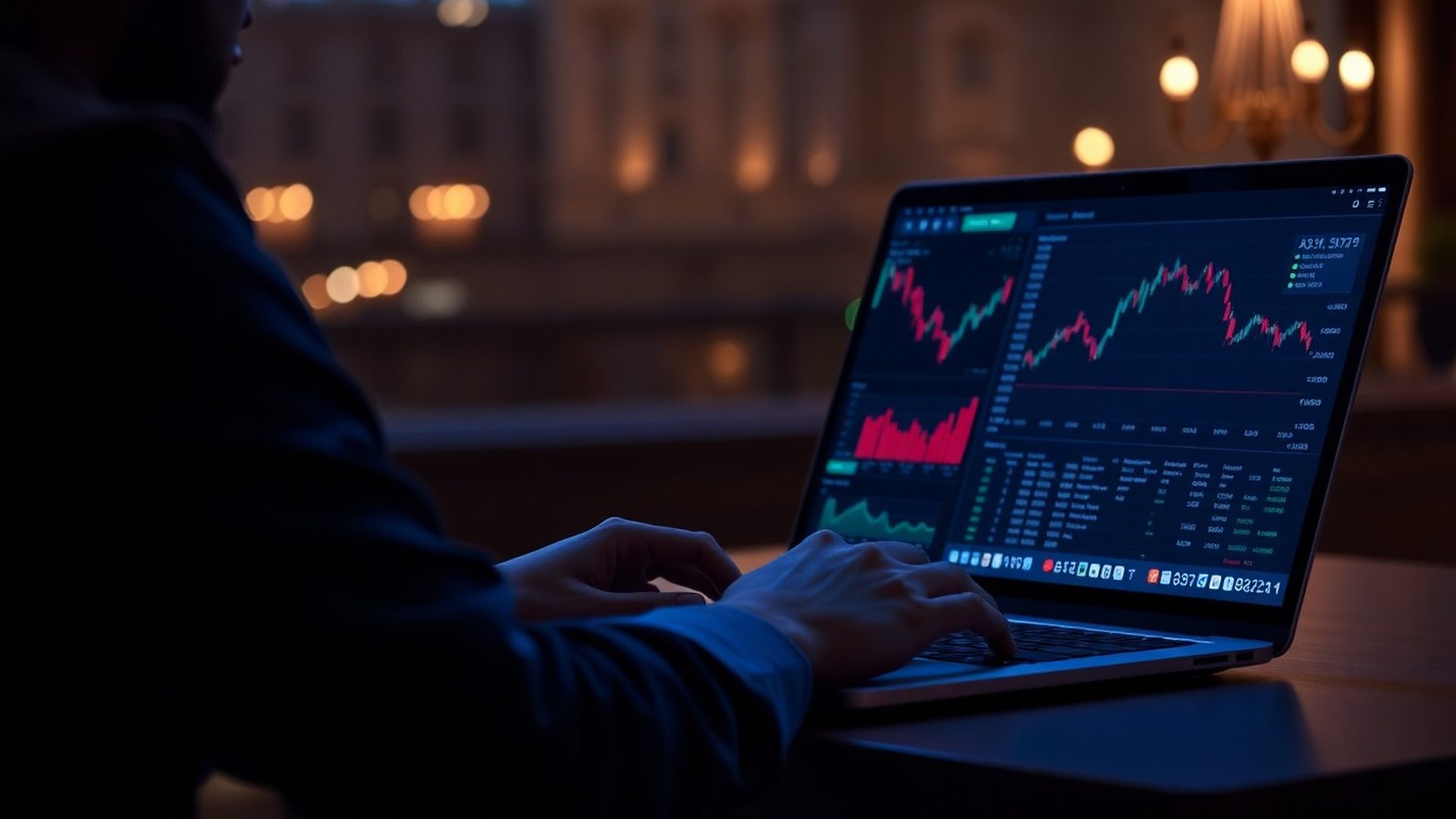 Investor sleduje grafy portfolia na notebooku v indigo-tech rozhraní